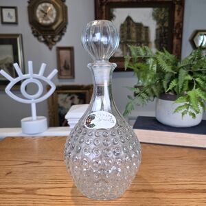 Vintage Hobnail Glass Decanter with Stopper | 10" Clear Bubble Barware Vase